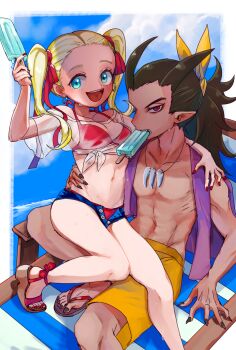 1boy 1girl :d alternate_costume aqua_eyes arm_around_shoulder beach_chair bikini black_nails blonde_hair blue_shorts blue_sky border bow breasts brown_hair cleavage cloud cutoffs dark-skinned_male dark_skin dragon_quest dragon_quest_builders_2 earrings female_builder_(dqb2) fingernails flip-flops food food_in_mouth front-tie_top hair_bow hair_horns hair_pulled_back hair_ribbon hand_on_another&#039;s_hip highres holding holding_food holding_popsicle hoop_earrings jewelry km_navi looking_at_viewer looking_to_the_side male_swimwear medium_breasts midriff nail_polish navel necklace open_clothes open_fly open_mouth open_vest orange_male_swimwear platform_sandals pointy_ears ponytail popsicle popsicle_in_mouth profile purple_vest red_bikini red_eyes red_nails red_ribbon ribbon sandals see-through_clothes see-through_shirt sharp_fingernails sharp_toenails shirt shorts sidoh_(dqb2) silver_earrings sitting sitting_on_lap sitting_on_person sky smile spiked_hair swim_trunks swimsuit toenail_polish toenails tooth_necklace twintails vest wet wet_clothes wet_shirt white_border yellow_bow