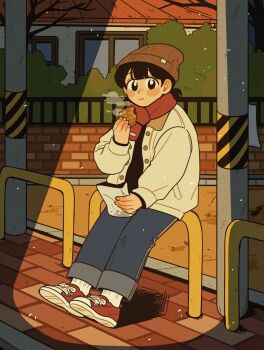 1girl bare_tree black_eyes black_hair blue_pants blush bright_pupils brown_hat closed_mouth coat denim food full_body hat highres holding holding_food jeans long_sleeves looking_at_viewer low_ponytail open_clothes open_coat original outdoors pants ponytail red_shoes shoes short_hair short_ponytail sihyun25 sitting sneakers socks solo taiyaki tree wagashi white_coat white_pupils white_socks