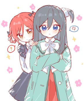 0831018 2boys :t ? aged_down anger_vein black_bow black_dress black_hair black_scrunchie blue_eyes bow bowtie braid braided_hair_rings cardigan child cowboy_shot crossdressing crossdressing_(mtf) crossed_arms dress ensemble_stars! flower_symbol green_cardigan hair_between_eyes hair_bow hair_ornament hair_rings hair_scrunchie hand_on_another's_shoulder hidaka_hokuto highres light_blush long_hair long_sleeves male_focus multiple_boys official_alternate_costume one_side_up red_dress red_hair sakasaki_natsume scrunchie shirt sidelocks spoken_anger_vein spoken_question_mark trap white_bow white_bowtie white_shirt yellow_eyes