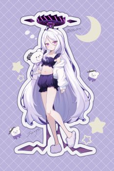 1girl absurdres black_halo bloomers blue_archive blush camisole closed_mouth collarbone commentary_request demon_girl demon_horns demon_wings full_body grey_hair hair_between_eyes halo highres hina_(blue_archive) holding holding_stuffed_toy horns jacket long_hair long_hair_between_eyes long_sleeves looking_at_viewer multiple_wings navel purple_bloomers purple_camisole purple_eyes ru_(oruoruz) solo stomach stuffed_animal stuffed_toy teddy_bear underwear very_long_hair white_jacket wings