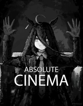 Rule 34 | 1girl, absolute cinema (meme), absurdres, ahoge, animal ears, choker, closed mouth, collared shirt, commentary request, ear ornament, ear tag, frown, gloves, hair between eyes, hands up, highres, horse ears, horse girl, long bangs, long hair, long hair between eyes, long sleeves, manhattan cafe (umamusume), meme, necktie, original, shirt, solo, thefatum, twitter username, umamusume, very long hair, watermark