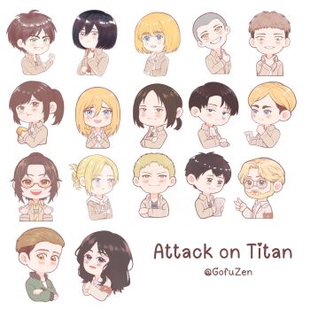 Rule 34 | 6+boys, 6+girls, adjusting scarf, annie leonhart, armband, armin arlert, ascot, beard, bertolt hoover, black hair, blonde hair, blue eyes, blush, breasts, brown eyes, brown hair, brown jacket, chewing, chibi, chibi only, closed mouth, collared shirt, connie springer, copyright name, cropped torso, crossed arms, cup, eating, eren yeager, erwin smith, everyone, facial hair, food, glasses, gofuzen, green eyes, green jacket, grey eyes, grey hair, grey shirt, grin, hair between eyes, hair bun, hair slicked back, hands up, hange zoe, highres, holding, holding cup, holding food, holding paper, hood, hood down, hoodie, jacket, jacket over hoodie, jean kirstein, krista lenz, levi (shingeki no kyojin), long hair, medium breasts, mikasa ackerman, multiple boys, multiple girls, own hands clasped, own hands together, paper, paradis military uniform, parted bangs, parted lips, pieck finger, ponytail, porco galliard, red armband, red scarf, reiner braun, round eyewear, sasha blouse, scarf, shingeki no kyojin, shirt, short hair, smile, straight hair, teeth, thumbs up, twitter username, undercut, updo, upper body, upper teeth only, very short hair, wavy hair, white ascot, white background, white hoodie, white shirt, yellow shirt, ymir (shingeki no kyojin), zeke yeager