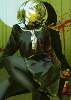 1girl absurdres black_pantyhose black_sailor_collar black_shirt black_skirt blood blood_on_clothes blood_on_hands bloody_knife commentary_request garapii grey_hair highres holding holding_knife knife neckerchief open_mouth original pantyhose pleated_skirt sailor_collar shadow shirt short_hair sitting skirt solo white_neckerchief