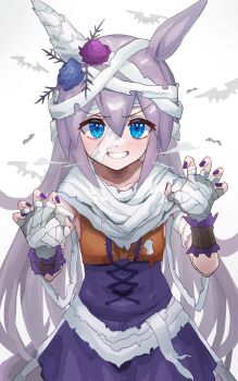 Rule 34 | absurdres, amamoru 21, animal ears, bandaged arm, bandaged ear, bandaged head, bandages, bat (animal), blue eyes, blue flower, blue rose, blush, claw pose, commentary request, flower, grey hair, grin, hair flower, hair ornament, halloween, halloween costume, highres, horse ears, horse girl, long hair, mummy costume, official alternate costume, open mouth, orange shirt, purple nails, purple skirt, rose, shirt, skirt, smile, tamamo cross (beware! halloween night!) (umamusume), tamamo cross (umamusume), teeth, umamusume, very long hair