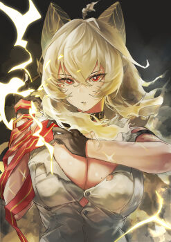 1girl absurdres arm_strap black_choker black_gloves black_horns blonde_hair breasts button_gap choker commentary curled_horns gloves hair_between_eyes hand_up highres horns large_breasts long_hair looking_at_viewer mole mole_on_breast necktie necktie_around_wrists niko_bun parted_lips red_eyes red_necktie shirt solo torn_clothes torn_shirt upper_body white_shirt wuthering_waves zani_(wuthering_waves)