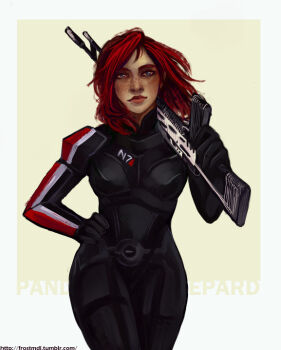 1girl commander_shepard commander_shepard_(female) frostmdl gun holding holding_weapon mass_effect_(series) n7_armor red_hair rifle solo solo_focus tumblr tumblr_username weapon