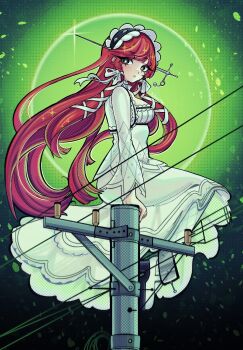 Rule 34 | 1girl, blush, brown eyes, closed mouth, commentary, dress, english commentary, frilled dress, frilled hairband, frills, from side, full body, green moon, green sky, hair ribbon, hairband, highres, jellopypng, knife in head, lolita fashion, lolita hairband, long hair, long sleeves, moon, object through head, outdoors, persona, persona 3, power lines, red hair, ribbon, sitting, sky, solo, tress ribbon, utility pole, very long hair, white dress, white ribbon, yoshino chidori
