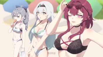 3girls absurdres artist_name beach beach_umbrella bikini black_bikini black_bow black_hairband blue_pupils blurry blurry_background bow breasts cleavage commentary_request day drill_hair eyewear_on_head firefly_(honkai:_star_rail) food food_in_mouth grey_eyes grey_hair hair_between_eyes hair_bow hairband highres holding honkai:_star_rail honkai_(series) kafka_(honkai:_star_rail) large_breasts long_hair looking_at_viewer multicolored_eyes multiple_girls navel open_mouth outdoors popsicle popsicle_in_mouth purple_eyes purple_hair restra25 round_eyewear sand side-tie_bikini_bottom silver_wolf_(honkai:_star_rail) standing sunglasses swimsuit two-tone_eyes umbrella white_bikini