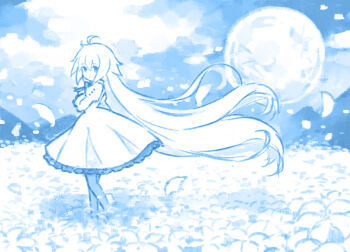 1girl ahoge arcueid_brunestud buttons cloud cloudy_sky dress eco-arc falling_petals field floating_hair flower flower_field frilled_dress frills full_moon hair_between_eyes highres long_hair looking_at_viewer monochrome moon pantyhose petals shinonome86 sky solo solo_focus tsukihime tsukihime_(remake) very_long_hair wavy_hair