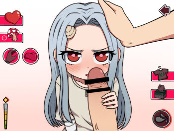 1boy 1girl angry artist_request blue_hair blush boku_no_hero_academia censored crying crying_with_eyes_open erection eri_(boku_no_hero_academia) hand_on_another's_head handjob head_pat hetero horns loli long_hair looking_at_viewer penis pov red_eyes tears user_interface
