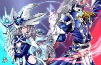 Rule 34 | 1boy, 1girl, armor, blonde hair, clothing cutout, colored skin, duel monster, fake horns, gloves, green skin, grey hair, hat, helmet, highres, hip vent, holding, holding staff, holding sword, holding weapon, horned helmet, horns, purple eyes, shoulder armor, signature, silent magician, silent swordsman, staff, sword, tabard, weapon, white gloves, white hat, white tabard, wizard hat, yu-gi-oh!, zombiemasta99
