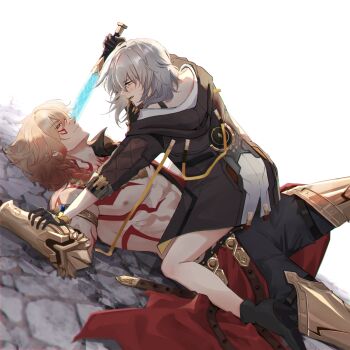 1boy 1girl absurdres baseball_bat blonde_hair boots braid chest_tattoo clawed_gauntlets commentary commission commissioner_upload english_commentary facial_tattoo gauntlets girl_on_top gold grey_hair highres honkai:_star_rail honkai_(series) jewelry mydei_(honkai:_star_rail) necklace pinned sen_(bubble_sen) side_braid stelle_(honkai:_star_rail) tattoo trailblazer_(honkai:_star_rail) weapon