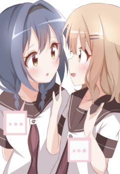 ... 2girls arm_behind_back black_sailor_collar blush buttons close-up collarbone commentary confused dress eye_contact eyelashes face-to-face from_side furutani_himawari hands_up harumiya_(meron89893) highres looking_at_another multiple_girls nanamori_school_uniform oomuro_sakurako open_mouth red_dress sailor_collar sailor_shirt school_uniform shirt short_sleeves simple_background spoken_ellipsis wavy_mouth white_background white_shirt yuri yuruyuri