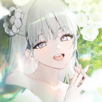 Rule 34 | 1girl, absurdres, bare shoulders, blurry, blurry background, blurry foreground, blush, braid, braided hair rings, choppy bangs, collarbone, eyelashes, fingernails, flower, grey hair, hair rings, happy, highres, leaf, long hair, looking at viewer, open mouth, original, own hands clasped, own hands together, purple eyes, solo, square, teeth, tongue, totomong, upper teeth only, white flower