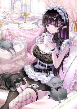 1girl animal animal_on_leg apron asymmetrical_legwear black_dress black_hair black_thighhighs blunt_bangs breasts cleavage cleavage_cutout closed_mouth clothing_cutout commentary commission couch cowboy_shot creature cup dog dress english_commentary fishnet_thighhighs fishnets frilled_dress frilled_pillow frilled_wrist_cuffs frills hair_ornament heart heart_hair_ornament highres holding holding_cup indie_virtual_youtuber indoors large_breasts long_hair looking_at_viewer maid maid_headdress mug multicolored_hair pillow pointy_ears purple_eyes purple_streaks ryuko_murasaki sitting sleeveless sleeveless_dress smile solo spiked_thigh_strap streaked_hair thigh_strap thighhighs unconventional_maid vgen_commission virtual_youtuber waist_apron white_apron wrist_cuffs x_hair_ornament xxcaaan
