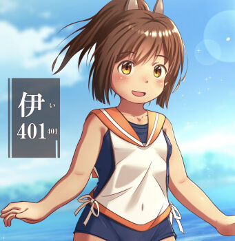 1girl blue_one-piece_swimsuit blue_sky brown_eyes brown_hair cloud commentary_request covered_navel cowboy_shot highres i-401_(kancolle) kantai_collection kodama_momotarou lens_flare looking_at_viewer one-piece_swimsuit orange_sailor_collar ponytail sailor_collar school_swimsuit short_hair short_ponytail side-tie_shirt sky smile solo swimsuit swimsuit_under_clothes