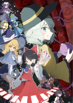 6+girls alice_margatroid black_hair blonde_hair blue_hair braid dress edamanecha everyone floating flower frilled_dress frills green_hair hakurei_reimu hat highres ibuki_suika kawashiro_nitori kirisame_marisa komeiji_koishi magic_circle multiple_girls orb patchouli_knowledge purple_hair red_eyes ribbon rose shameimaru_aya shanghai_doll smile space spell_tag third_eye touhou yakumo_yukari yin_yang yin_yang_orb