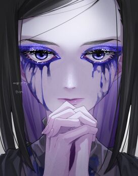 1girl black_hair blue_eyes blue_eyeshadow closed_mouth ergo_proxy eyeshadow lips long_hair looking_at_viewer makeup own_hands_together re-l_mayer runny_makeup sigm solo