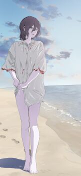 1girl bare_legs barefoot beach black_hair blood blood_on_clothes borrowed_clothes chainsaw_man commentary_request footprints green_eyes groin hair_between_eyes highres kamo_(pixiv_14204392) long_hair_between_eyes looking_to_the_side mixed-language_commentary naked_shirt outdoors partial_commentary reze_(chainsaw_man) shirt solo toes torn_clothes torn_shirt wet wet_clothes wet_shirt wringing_clothes