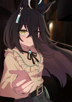 1girl absurdres ahoge animal_ears black_hair black_ribbon book-16key commentary_request earrings hair_between_eyes hair_ribbon highres horse_ears horse_girl jewelry long_bangs long_hair long_shirt long_sleeves looking_at_viewer manhattan_cafe_(umamusume) ribbon shirt single_earring smile solo umamusume white_hair white_shirt yellow_eyes