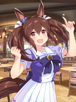 1girl absurdres animal_ears artist_request back_bow bare_arms blue_bow blue_bowtie blue_shirt bow bowtie breasts brooch brown_hair cafe chair clenched_hand collarbone cowboy_shot day dot_nose eyelashes game_cg hair_between_eyes hair_bobbles hair_ornament hair_ribbon happy high-waist_skirt highres hishi_akebono_(umamusume) horse_ears horse_girl horse_tail horseshoe_ornament indoors jewelry lamp large_breasts light_blush long_hair miniskirt official_art open_mouth painting_(object) pleated_skirt pointing pointing_up puffy_short_sleeves puffy_sleeves red_eyes ribbon sailor_collar school_uniform shadow shirt short_sleeves skirt smile solo standing table tail tareme teapot tracen_school_uniform twintails two-tone_shirt umamusume white_ribbon white_sailor_collar white_shirt white_skirt window