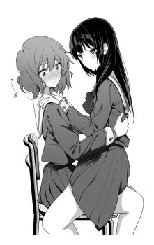 2girls blush chair closed_mouth commentary_request greyscale hand_on_another&#039;s_waist hands_on_another&#039;s_shoulders hibike!_euphonium highres kousaka_reina lie_lack1080 long_hair medium_hair monochrome multiple_girls on_chair oumae_kumiko pleated_skirt sailor_collar shirt sitting sitting_on_lap sitting_on_person skirt yuri