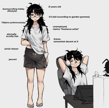 1girl absurdres artist_self-insert black_hair blush chair character_age flip-flops glasses headphones highres long_hair marblechii meme messy_hair original sandals shirt sitting smile t-shirt women_on_twitter_(meme)
