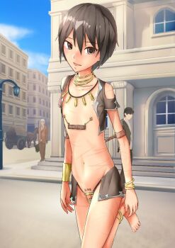 1boy anklet barefoot bracelet chain chastity chastity_cage exposed_clothing feet hakuya_gen jewelry male_focus necklace nipple_chain nipple_piercing piercing pubic_tattoo public_indecency public_nudity road shota slave slave_clothes slave_tattoo street tattoo whip_marks