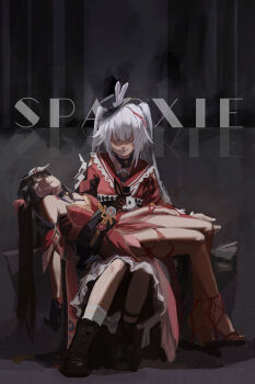 Rule 34 | 2girls, animal ears, argyle clothes, bare shoulders, black background, black boots, black choker, black gloves, black hair, black hat, black sandals, black sash, boots, braid, breasts, carrying, character name, choker, closed eyes, closed mouth, commentary, detached sleeves, diamond (shape), diamond facial mark, dress, dual persona, english commentary, facial mark, fake animal ears, floral print, flower, fox mask, full body, gloves, grey background, hair flower, hair ornament, hat, hat ornament, heart, heart facial mark, highres, honeycomb (pattern), honkai: star rail, honkai (series), leg ribbon, long hair, long sleeves, lying, lying on lap, mask, mask on head, medium breasts, mini hat, mole, mole under each eye, mole under eye, monocle, multicolored hair, multiple girls, multiple moles, o-ring, o-ring thigh strap, obijime, on back, pluvium grandis, princess carry, rabbit ears, red dress, red flower, red hair, red ribbon, red sleeves, ribbon, rope, sailor collar, sandals, sash, seigaiha, short sleeves, single braid, sitting, sleeveless, sleeveless dress, smile, socks, sparkle (honkai: star rail), sparxie (honkai: star rail), streaked hair, thigh strap, twintails, two-tone background, unconscious, white hair, white socks, wide sleeves, wrist cuffs