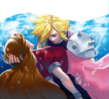1boy 1girl aerith_gainsborough air_bubble armor bangle blonde_hair blue_shirt bracelet breasts brown_gloves brown_hair bubble closed_eyes cloud_strife dress final_fantasy final_fantasy_vii fingerless_gloves forgotten_city gloves hair_over_one_eye hand_in_another&#039;s_hair hollyfig jacket jewelry long_dress long_hair medium_breasts parted_bangs pauldrons pink_dress red_jacket shirt short_hair short_sleeves shoulder_armor single_bare_shoulder single_pauldron sleeveless sleeveless_turtleneck turtleneck underwater upper_body