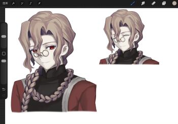 1boy art_tools_in_frame blonde_hair braid braided_ponytail closed_eyes commentary_request fate/grand_order fate_(series) glasses hair_between_eyes highres look-alike looking_at_viewer male_focus marisbury_animusphere michael_roa_valdamjong priest red_eyes smile takeuchi_takashi_(style) tarantella_(fate) upper_body vampire wholelottalovi1