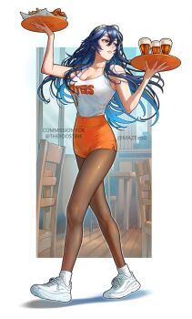 1girl alcohol alternate_costume bare_shoulders beer beer_mug blue_eyes blue_hair blush breasts brown_pantyhose chicken_(food) chicken_wing cleavage collarbone commentary cup dolphin_shorts employee_uniform english_commentary fire_emblem fire_emblem_awakening food highres holding holding_tray hooters long_hair lucina_(fire_emblem) maze_draws medium_breasts mug nintendo orange_shorts pantyhose pantyhose_under_shorts parted_lips print_tank_top shoes shorts solo tank_top tiara tray waitress white_tank_top