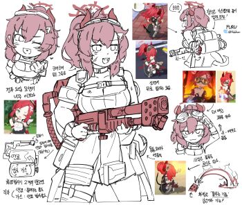 Rule 34 | 1girl, blue archive, blush, breasts, cleavage, fire, flamethrower, flammenwerfer 41, flukhan, gas tank, gloves, goggles, goggles on head, hair ornament, halo, heart, highres, holding, holding flamethrower, holding weapon, horns, korean text, megu (blue archive), multiple views, open mouth, ponytail, screenshot inset, simple background, tank top, thigh strap, translation request, twitter username, weapon, white background