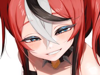 1girl absurdres black_streaks blue_eyes butayaro_kr cheese collar commentary_request crossed_bangs food grin hair_between_eyes hakos_baelz hakos_baelz_(1st_costume) highres hololive hololive_english korean_commentary light_blush long_hair looking_at_viewer multicolored_hair red_hair sharp_teeth simple_background smile solo spiked_collar spikes streaked_hair teeth virtual_youtuber white_background white_hair