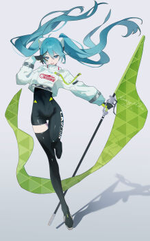 1girl absurdres aqua_eyes aqua_hair asymmetrical_legwear black_bodysuit black_gloves black_thighhighs bodysuit covered_navel flag full_body gloves goodsmile_company goodsmile_racing grey_background hair_between_eyes hair_ornament hatsune_miku highres holding holding_flag jacket konikoni1002 long_hair looking_at_viewer open_mouth racing_miku racing_miku_(2022) shadow simple_background single_thighhigh solo thighhighs twintails vocaloid white_jacket