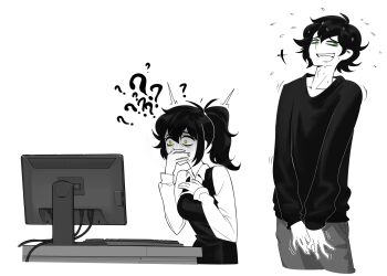 +++ 1boy 1girl :d ? ?? adam&#039;s_apple ahoge aierlaobo andrew_graves bags_under_eyes breasts collarbone collared_shirt computer computer_keyboard covering_own_mouth cropped_legs cropped_torso desk double-parted_bangs green_eyes greyscale hair_between_eyes hair_tie hand_on_own_chest hands_up high_contrast high_ponytail highres horrified long_sleeves looking_at_screen looking_to_the_side medium_hair meta monochrome mother_and_son open_mouth pants ponytail puffy_long_sleeves puffy_sleeves raised_inner_eyebrows renee_graves shirt short_hair simple_background small_breasts smile spot_color standing sweater sweater_vest teeth the_coffin_of_andy_and_leyley turn_pale upper_teeth_only v_arms white_background wide-eyed