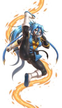 1girl absurdres armor asymmetrical_gloves black_gloves blu_pyro_(tf2) blue_eyes blue_hair commission dougi emperpep fire full_body genderswap genderswap_(otf) gloves headband high_kick highres japanese_armor karate_gi kicking kneepits latex_pants long_hair looking_at_viewer mask menpoo mismatched_gloves pyro_(tf2) respirator sandals second-party_source shoe_soles simple_background solo tabi team_fortress_2 v-shaped_eyebrows very_long_hair white_background white_gloves zouri
