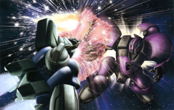 artist_request beam_shield cable contio duel energy_blade gundam gundam_perfect_file highres machinery mecha mecha_focus mobile_suit nebula no_humans official_art realistic robot scan scene_reference science_fiction space star_(sky) thrusters v_gundam victory_gundam weapon zanscare