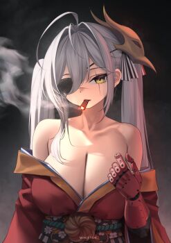 1girl absurdres ahoge alternate_hairstyle artist_name azur_lane bare_shoulders bird_mask bow breasts brown_eyes cigar cleavage collarbone commentary_request cosplay dark_background english_text eyepatch grey_hair hair_between_eyes hair_intakes hakuhou_(azur_lane) highres japanese_clothes kimono large_breasts long_hair mask mask_on_head mechanical_arms metal_gear_(series) metal_gear_solid_v:_the_phantom_pain obi prosthesis prosthetic_arm red_kimono sash scar scar_across_eye scar_on_face sidelocks single_mechanical_arm smoke smoking solo striped_bow taihou_(azur_lane) taihou_(azur_lane)_(cosplay) twintails upper_body venom_snake venom_snake_(cosplay) very_long_hair whitter wide_sleeves