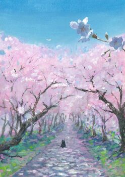 absurdres animal animal_focus black_cat blue_sky cat cherry_blossoms commentary_request day goma_ramen_(gomaramen888) grass highres no_humans original path road scenery sky tree