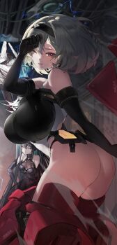 2girls ass bare_shoulders black_hair blonde_hair breasts elbow_gloves from_behind gloves goddess_of_victory:_nikke green_hair hairband highres huge_ass large_breasts leotard little_mermaid_(nikke) long_hair looking_at_viewer medium_hair multicolored_hair multiple_girls one_eye_closed open_mouth red_eyes red_shoes_(nikke) sweatdrop thighhighs thong thong_leotard two-tone_hair very_long_hair