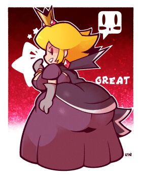 1girl ass blonde_hair breasts brooch crown dress earrings elbow_gloves eyelashes eyeshadow from_behind gloves gradient_background grin half-closed_eyes high_collar highres huge_ass jewelry large_breasts legendofnerd lipstick looking_at_viewer looking_back makeup mario_(series) nintendo paper_mario paper_mario:_the_thousand-year_door princess_peach red_background red_lips shadow_queen smile solo
