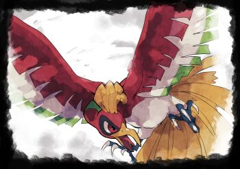 animal_focus beak bird black_border border feathers flying full_body gen_2_pokemon highres ho-oh legendary_pokemon looking_at_viewer nintendo no_humans open_mouth pokemon pokemon_(creature) pokemon_focus red_eyes red_feathers simple_background solo talons uraura8yama white_background white_feathers yellow_feathers