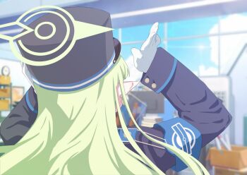 armband blue_archive blue_armband blue_sky gloves halo hat hikari_(blue_archive) indoors long_hair sharp_to_sharp sky white_gloves