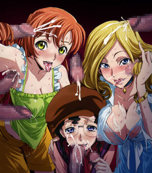 3girls armpit_sex black_hair blonde_hair blue_eyes blush breast_press breasts bukkake censored cleavage code_geass collarbone covered_erect_nipples cum cum_in_mouth cum_on_armpit cum_on_body cum_on_breasts cum_on_upper_body disembodied_penis dress facial frills glasses green_eyes hairjob handjob hat hyottokoaki interracial large_breasts long_hair looking_at_viewer milly_ashford multiple_girls nina_einstein nipples penis poking red_hair sash see-through_clothes shirley_fenette shorts sweat tears third-party_edit tongue warainaku yellow_eyes