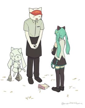 1boy 2girls 8toushin animal_ears apologizing aqua_hair bag black_pants black_shoes black_skirt black_thighhighs broom cat cat_ears closed_eyes crossed_arms detached_sleeves dual_persona dustpan employee_uniform fast_food_uniform food french_fries from_behind get_down_(meme) grey_shirt hatsune_miku headset highres long_hair marukomarkome mcdonald's meme miniskirt multiple_girls nyanyanyanyanyanyanya!_(vocaloid) open_mouth own_hands_together pants shakacat shirt shoes short_apron shoulder_tattoo skirt sleeveless sleeveless_shirt spill sweeping tattoo thighhighs twintails visor_cap vocaloid zettai_ryouiki