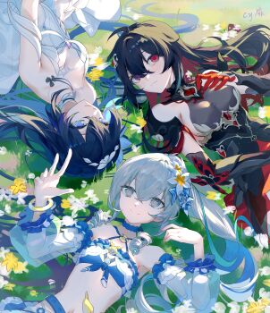 3girls absurdres ahoge bikini black_dress black_hair blue_bikini blue_eyes blue_hair bracelet breasts bronya_zaychik bronya_zaychik_(herrscher_of_truth) bronya_zaychik_(seaside_vibes) chinese_commentary cleavage colored_inner_hair commentary_request cy_fei dress drill_hair dual_persona grey_eyes grey_hair highres honkai_(series) honkai_impact_3rd jewelry long_hair lying medium_breasts midriff multicolored_hair multiple_girls navel official_alternate_costume on_back on_grass red_eyes red_hair see-through_cleavage see-through_clothes seele_(alter_ego) seele_vollerei seele_vollerei_(herrscher_of_rebirth) seele_vollerei_(starchasm_nyx) small_breasts smile swimsuit very_long_hair white_dress