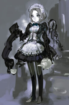 Rule 34 | 1girl, android, cleavage cutout, clothing cutout, cup, female focus, grey eyes, grey hair, maid, maid headdress, monochrome, original, pale skin, robot, short hair, solo, teacup, teapot, uturo