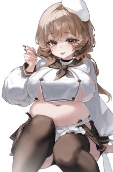 1girl absurdres bbeedol belly big_belly black_thighhighs bready_(nikke) breasts brown_eyes brown_hair brown_neckerchief brown_ribbon chopsticks commentary fingernails goddess_of_victory:_nikke hair_ribbon hat highres holding holding_chopsticks large_breasts long_hair long_sleeves looking_at_viewer navel neckerchief panties plump ribbon shirt skirt smile solo thighhighs tongue tongue_out twintails underwear white_hat white_shirt