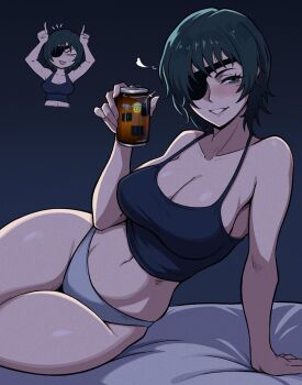 1girl beer_can blush breasts camisole can chainsaw_man chibi cleavage commentary drink_can eyepatch green_eyes green_hair highres himeno_(chainsaw_man) large_breasts looking_at_viewer navel on_bed panties short_hair sitting smile solo underwear wott